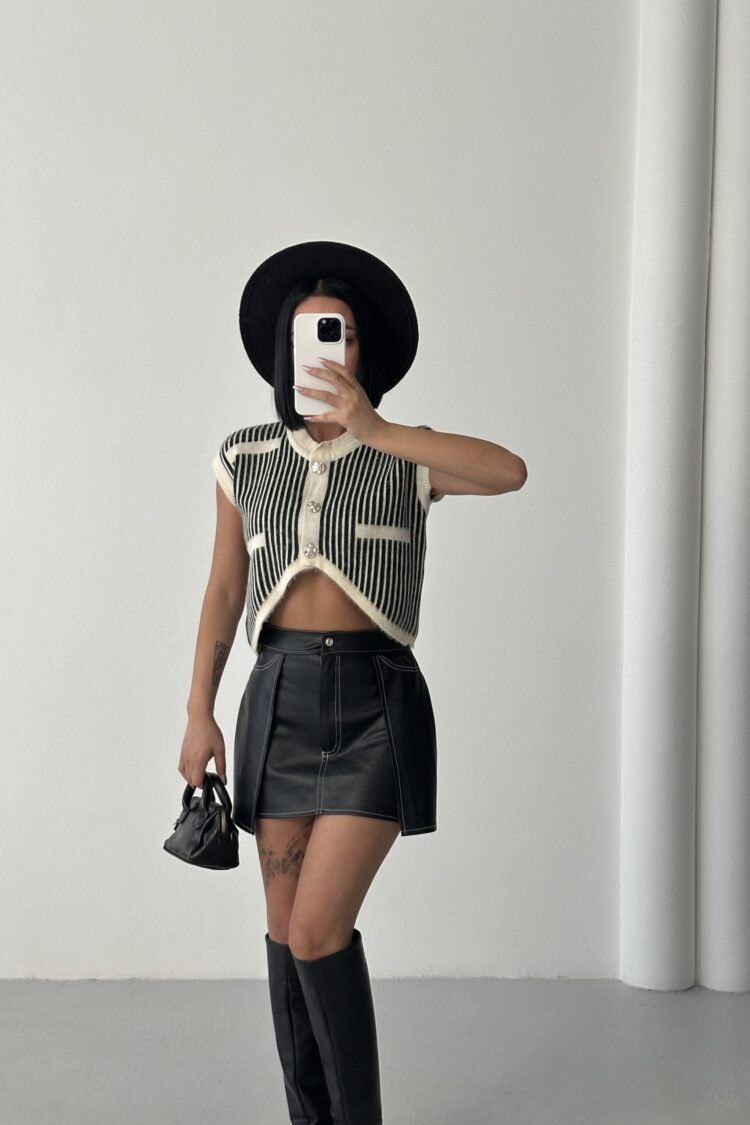 Black Retro Striped Crop Vest With Patch Pockets