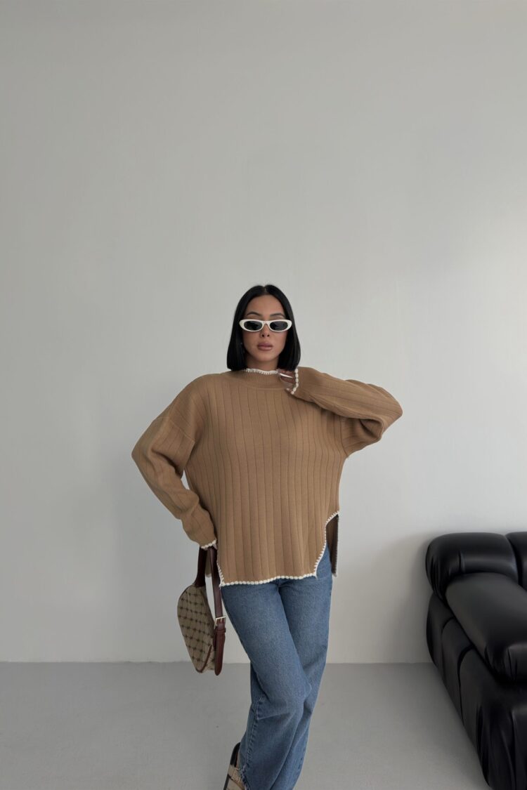 Khaki Sweater Oversized Fit Casual Crew Neck