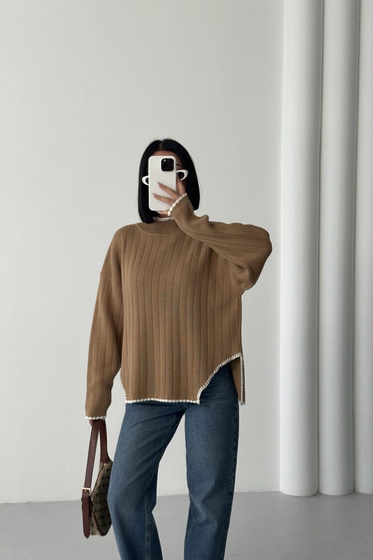 Khaki Sweater Oversized Fit Casual Crew Neck