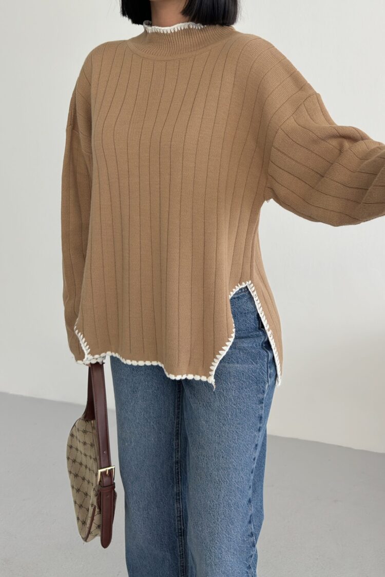 Khaki Sweater Oversized Fit Casual Crew Neck