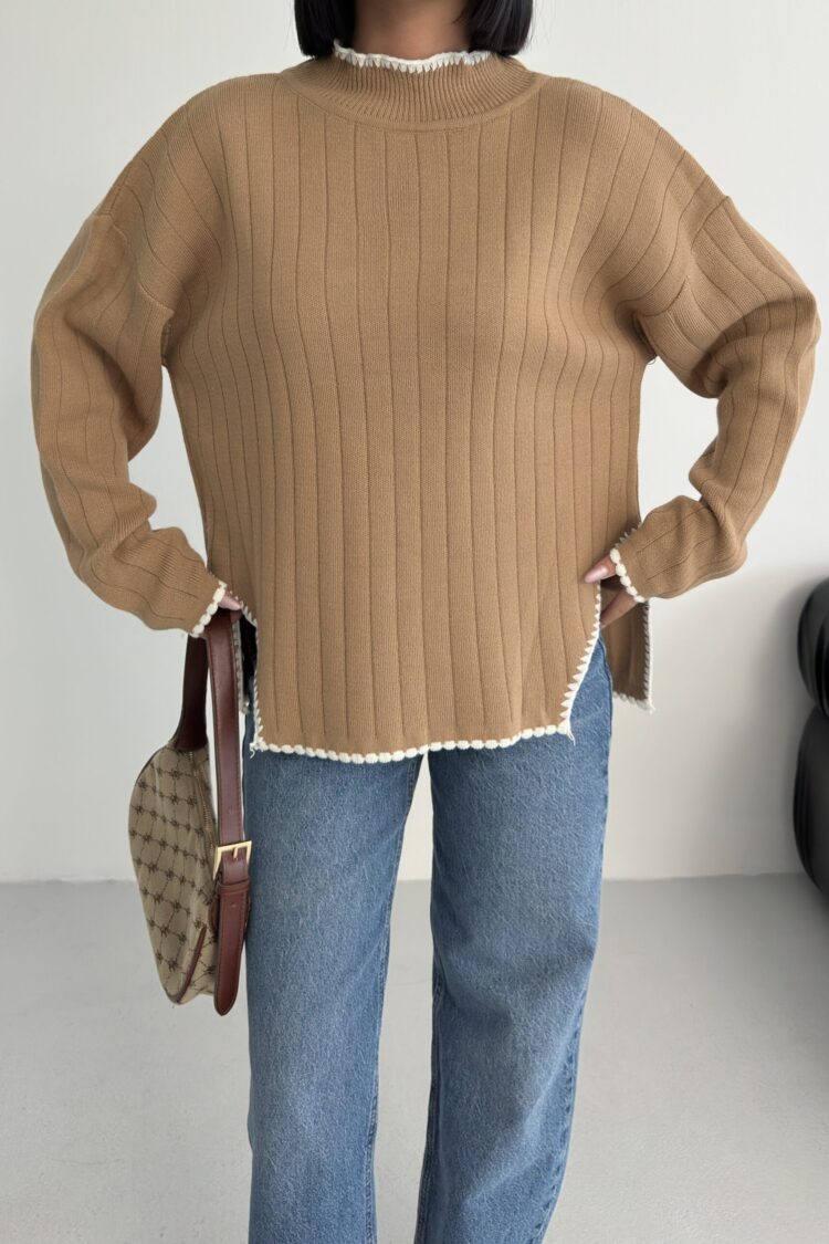 Khaki Sweater Oversized Fit Casual Crew Neck