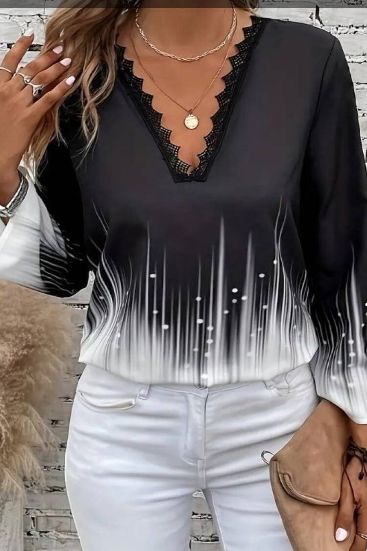Black Ombre Blouse With Plunging Neck