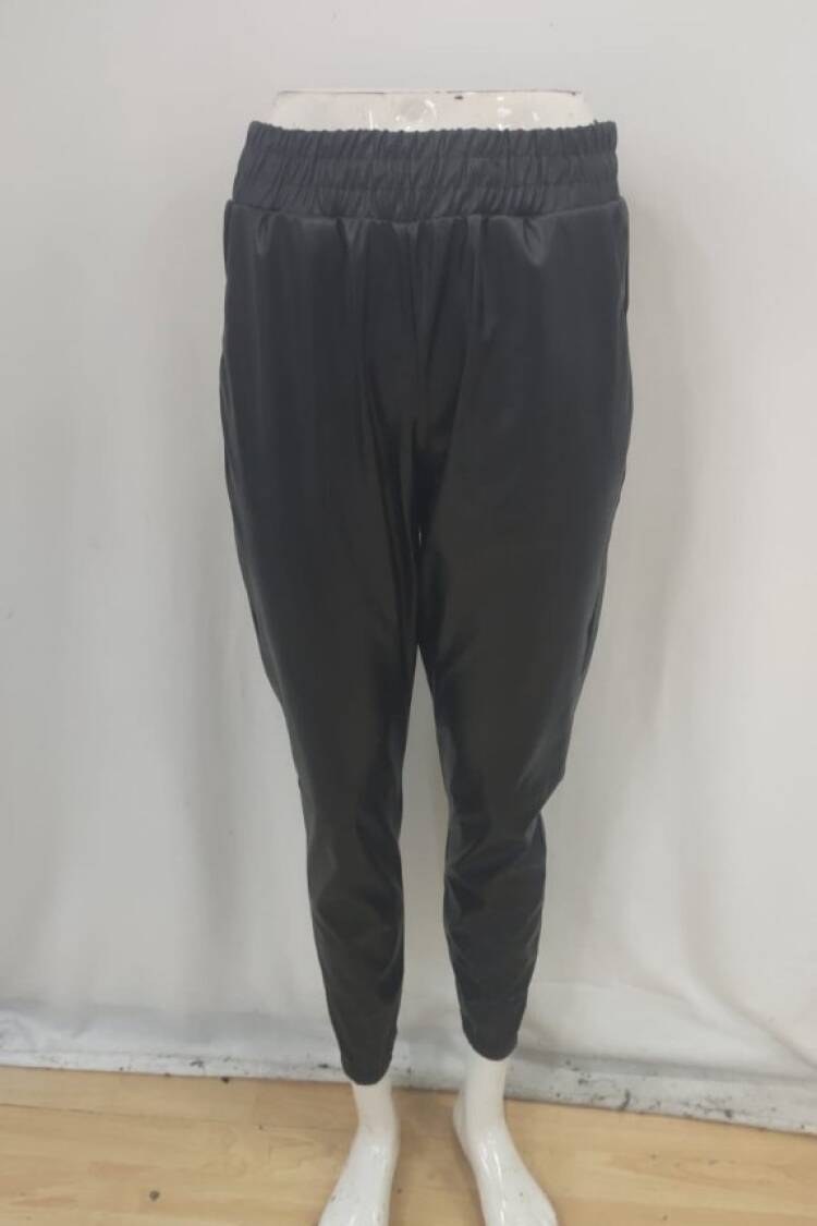 Women's High Waist Elastic Pocket Leather Pants - Black