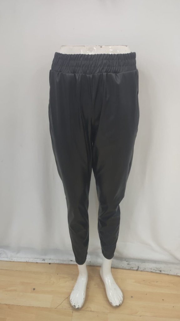 Women's High Waist Elastic Pocket Leather Pants - Black