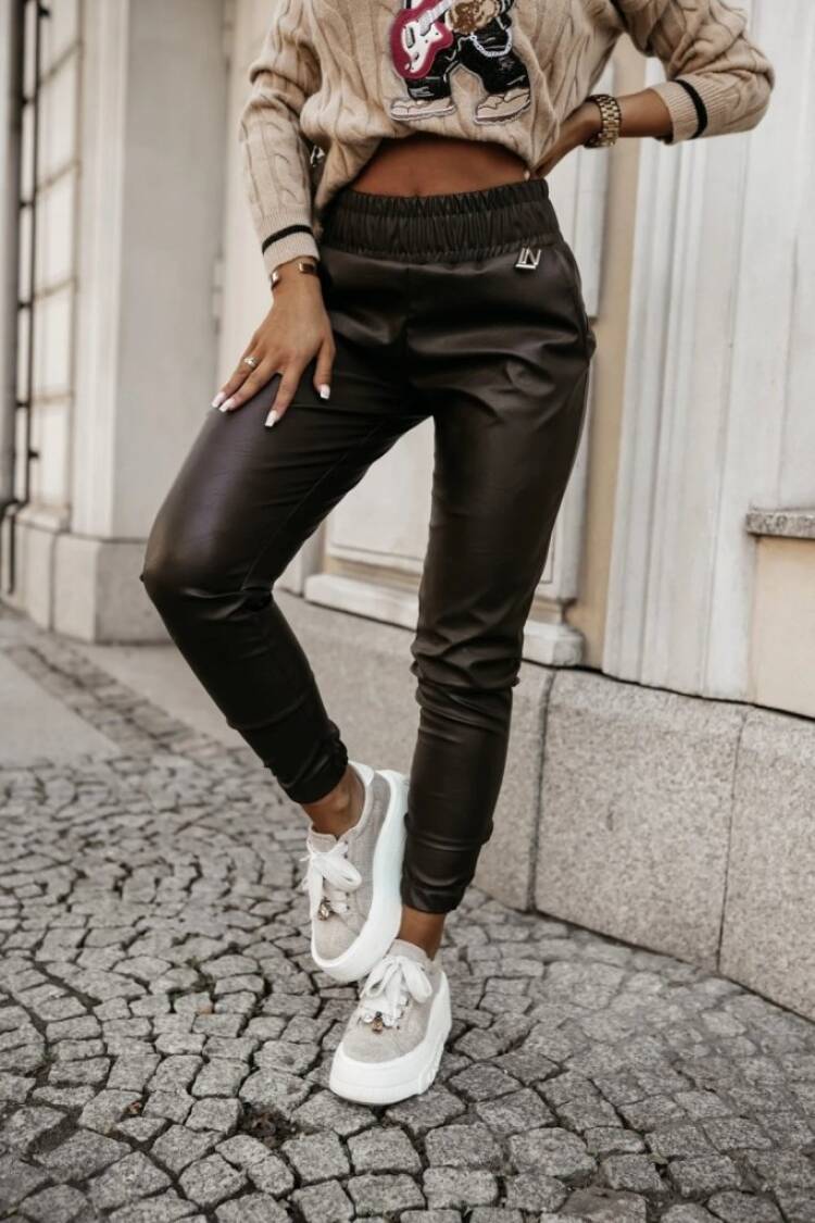 Women's High Waist Elastic Pocket Leather Pants - Black