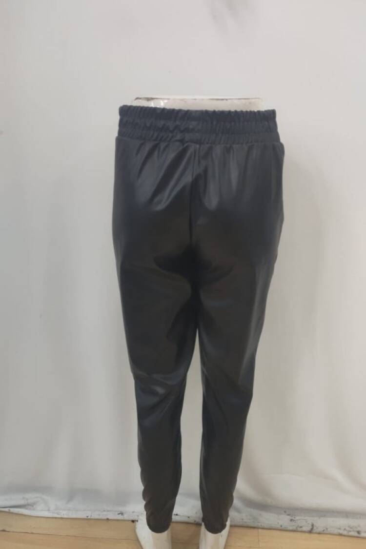 Women's High Waist Elastic Pocket Leather Pants - Black