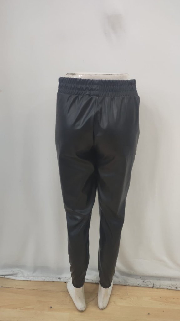 Women's High Waist Elastic Pocket Leather Pants - Black