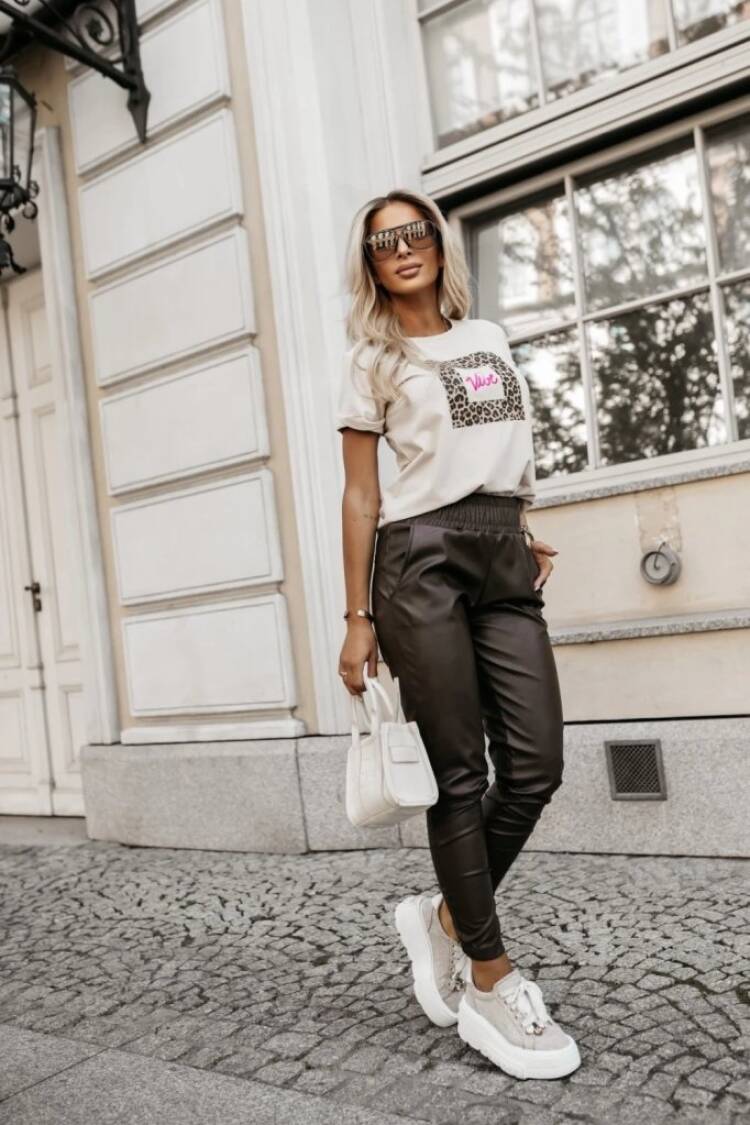 Women's High Waist Elastic Pocket Leather Pants - Black