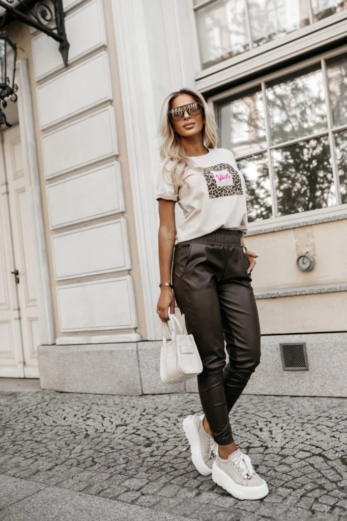 Women's High Waist Elastic Pocket Leather Pants - Black