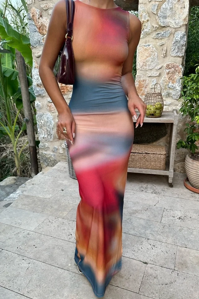 Mix Color Slip Dress With Cap Sleeves