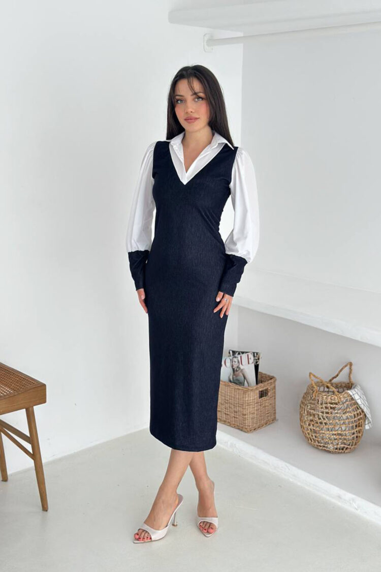 Elegant Black Sheath Dress With V-Neck And Ballon Sleeves
