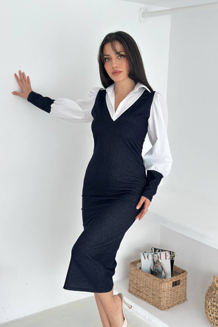 Elegant Black Sheath Dress With V-Neck And Ballon Sleeves - Brand: Mode Roy - Women & Kids, Baby Clothes Wholesale - Globality Store