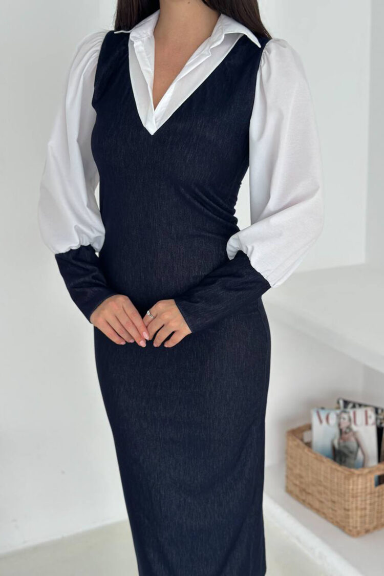 Elegant Black Sheath Dress With V-Neck And Ballon Sleeves