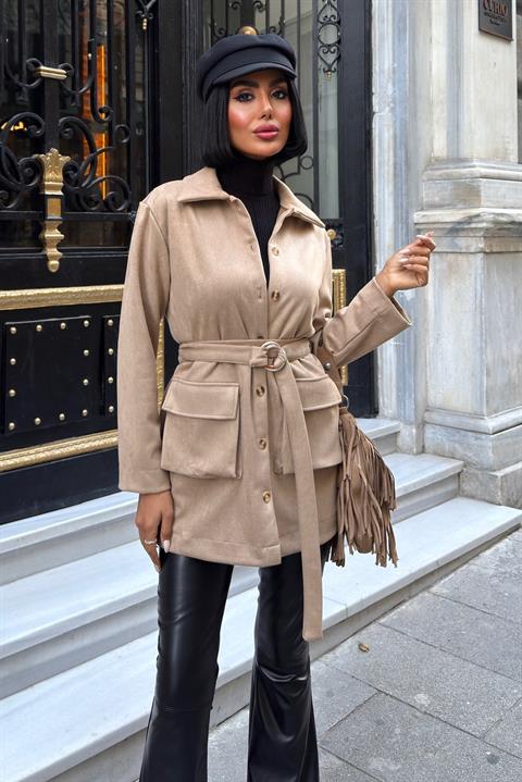 Midi Shirt Jacket With Belt And Pockets