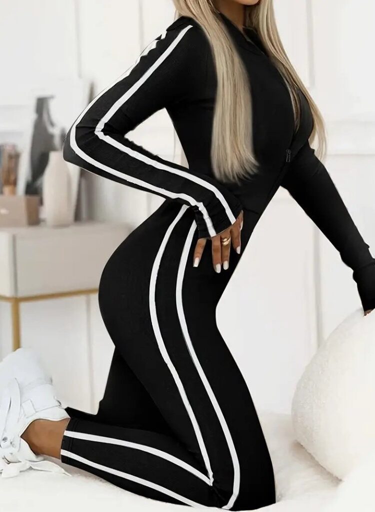 Black Slim Fit Sporty Zip-Up Jumpsuit