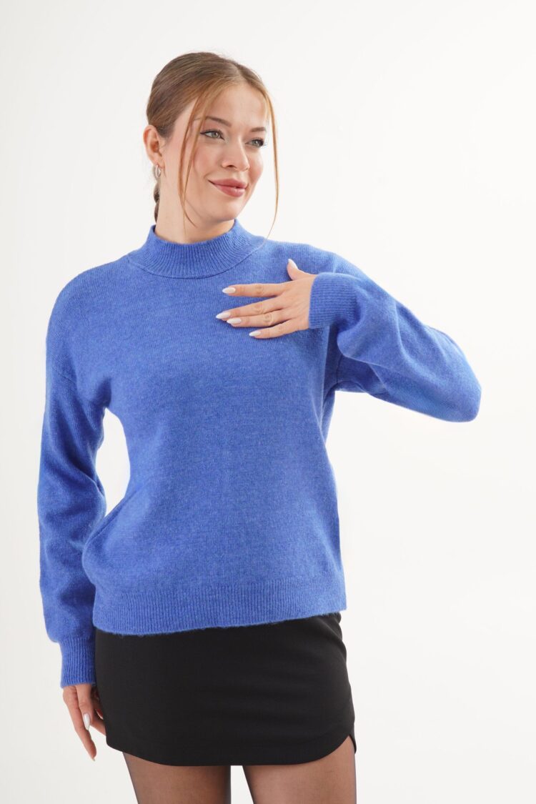 Blue Sweater With High Neck And Long Sleeves