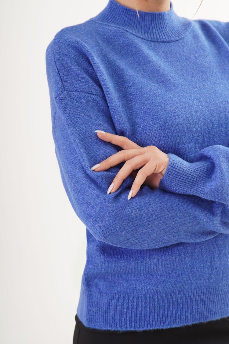 Blue Sweater With High Neck And Long Sleeves