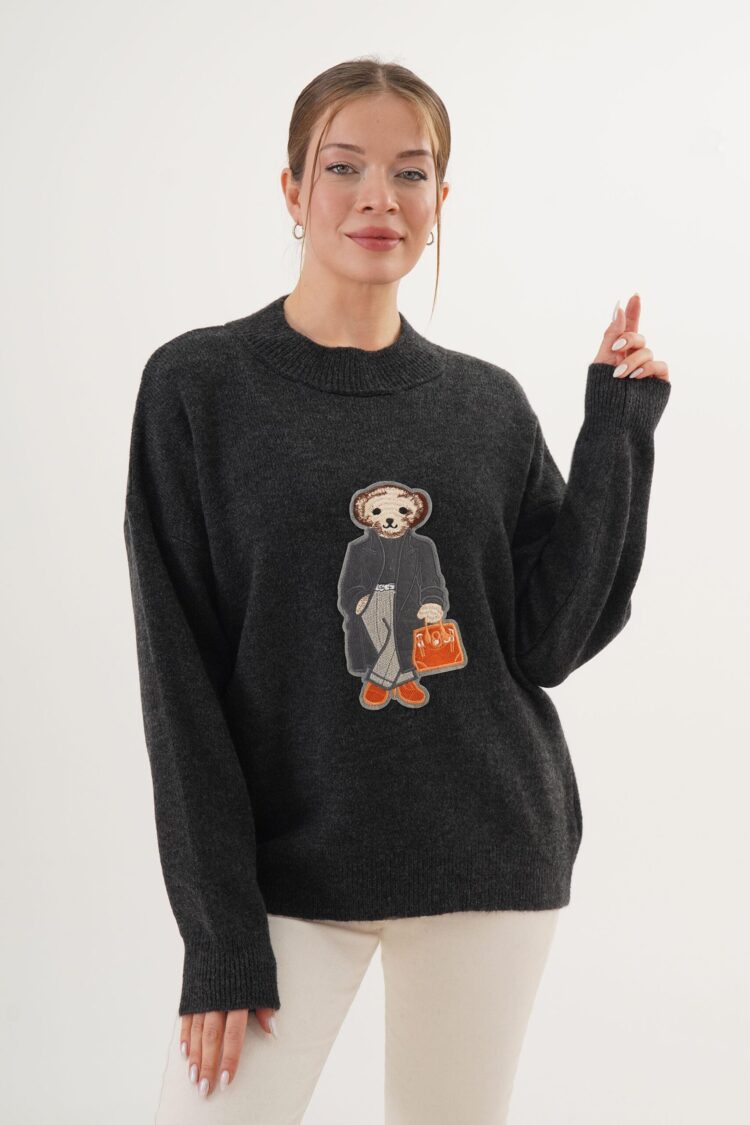 Black Oversized Fit Casual Sweater With Round Neck - Brand: Lustrin - Women & Kids, Baby Clothes Wholesale - Globality Store