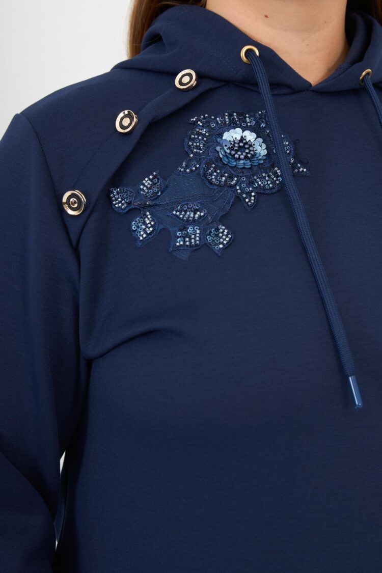 Floral Applique Plus Size Hoodie Tracksuit Navy