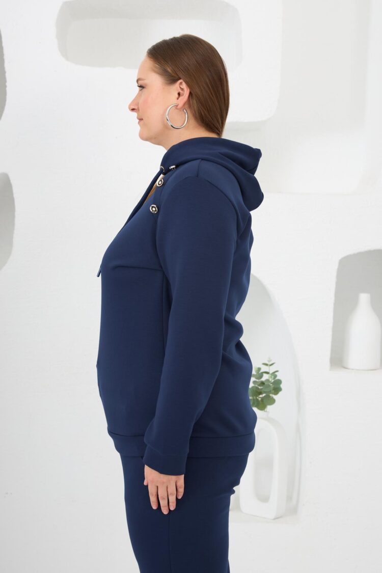 Floral Applique Plus Size Hoodie Tracksuit Navy