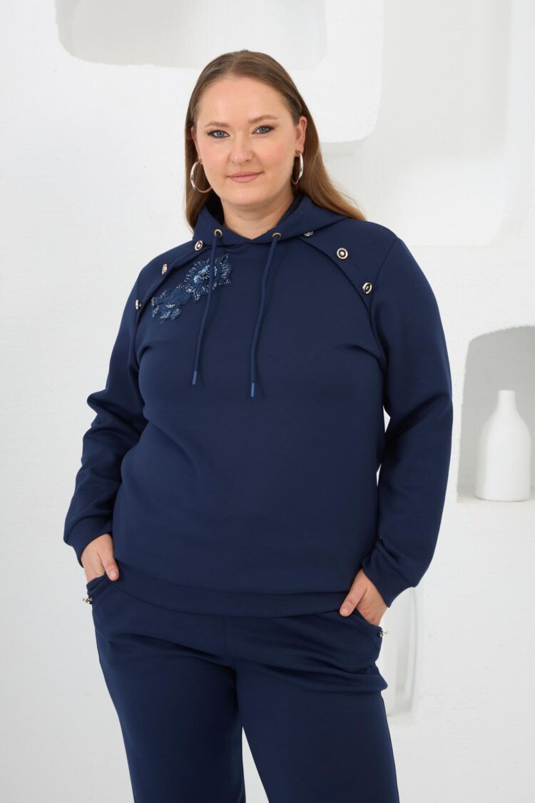 Floral Applique Plus Size Hoodie Tracksuit Navy