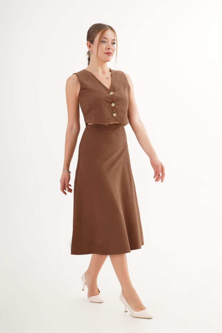 Brown Set - Elegant Sleeveless A-Line Midi Skirt - Brand: Lustrin - Women & Kids, Baby Clothes Wholesale - Globality Store