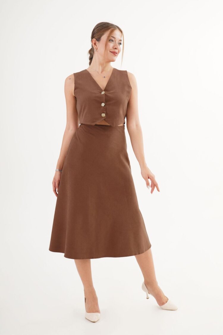 Brown Set - Elegant Sleeveless A-Line Midi Skirt