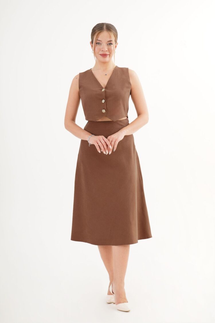 Brown Set - Elegant Sleeveless A-Line Midi Skirt