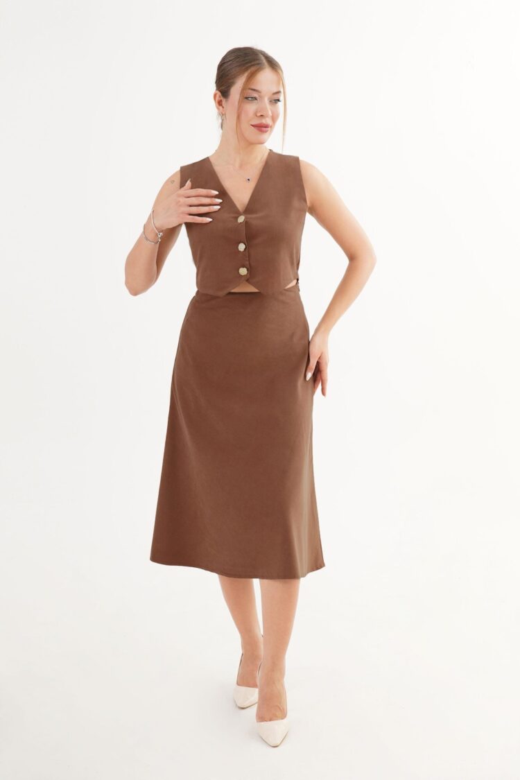Brown Set - Elegant Sleeveless A-Line Midi Skirt
