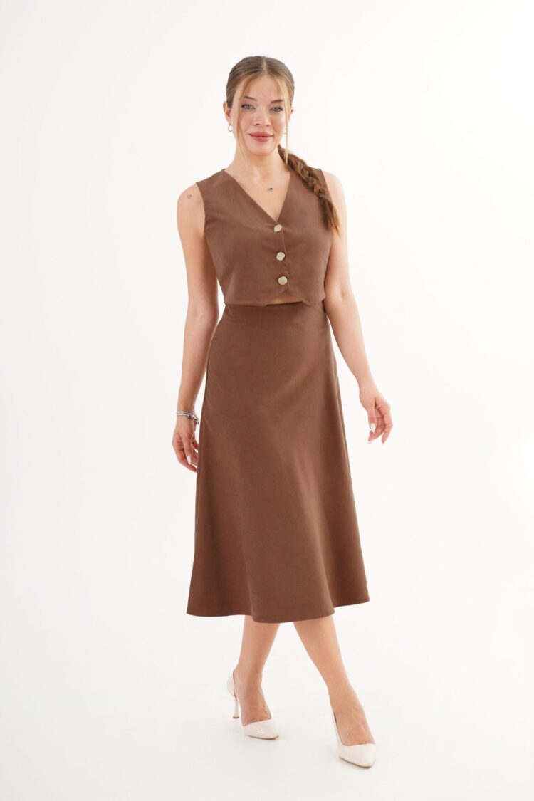 Brown Set - Elegant Sleeveless A-Line Midi Skirt