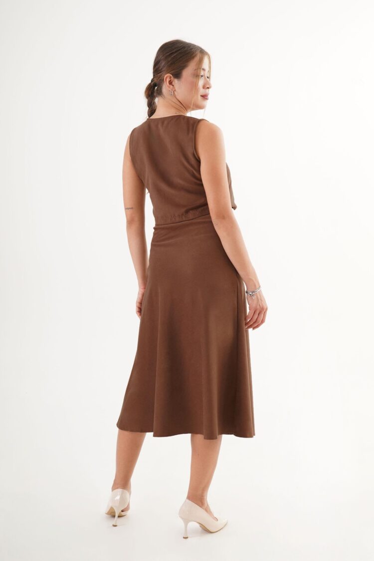 Brown Set - Elegant Sleeveless A-Line Midi Skirt