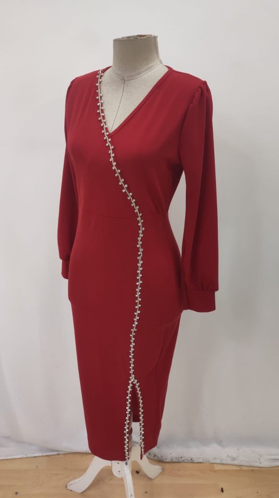 Women's Long Sleeve V Neck Slit Stone Long Imported Crepe Dress