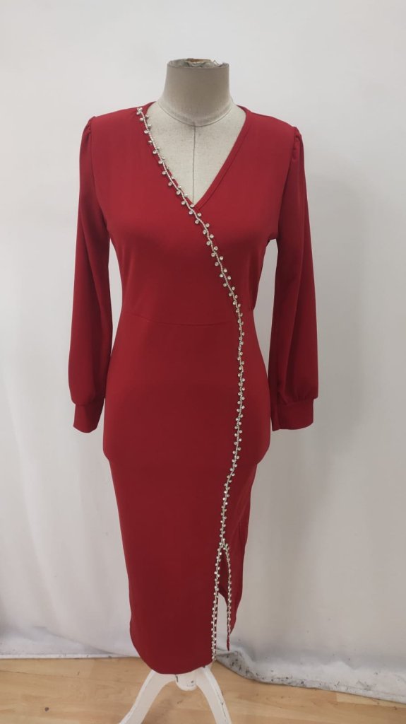 Women's Long Sleeve V Neck Slit Stone Long Imported Crepe Dress