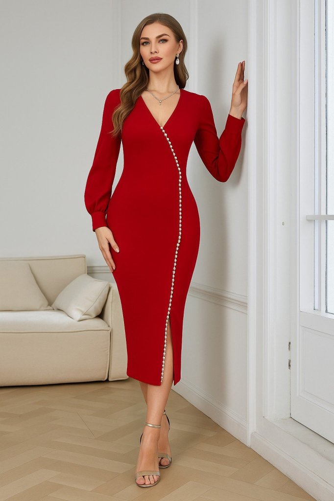 Women's Long Sleeve V Neck Slit Stone Long Imported Crepe Dress