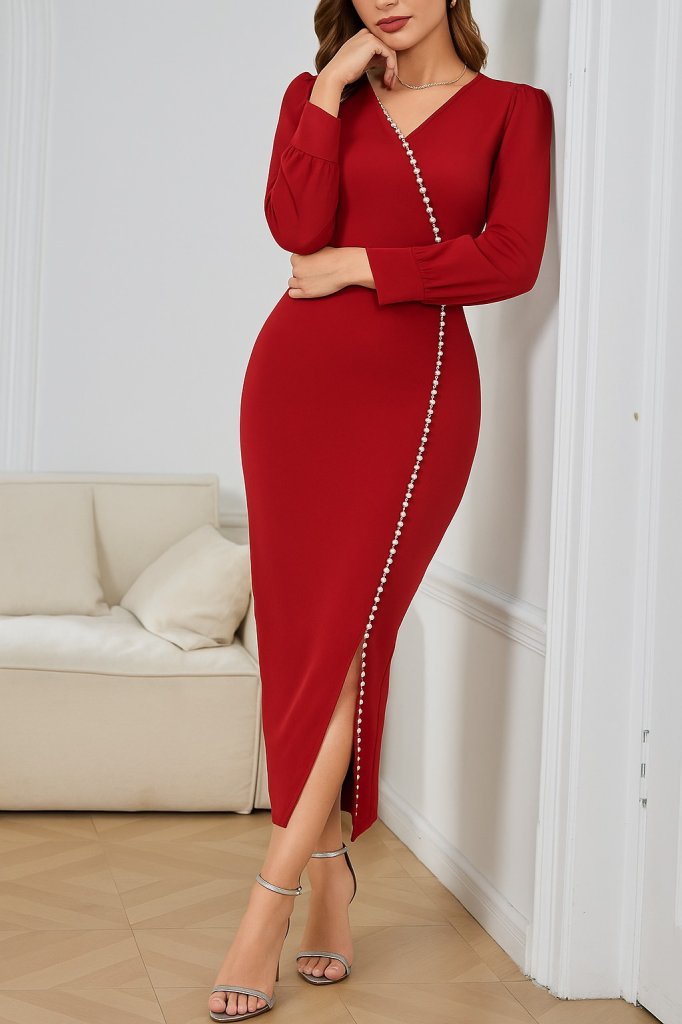 Women's Long Sleeve V Neck Slit Stone Long Imported Crepe Dress - Brand: Janes - Women & Kids, Baby Clothes Wholesale - Globality Store