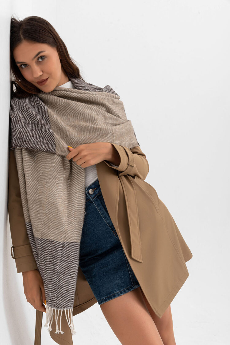 Beige Elegant Shawl With Herringbone Pattern