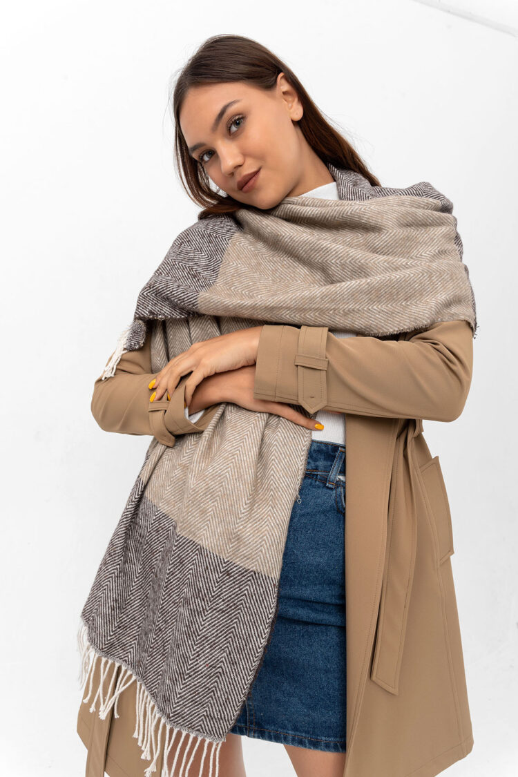 Beige Elegant Shawl With Herringbone Pattern