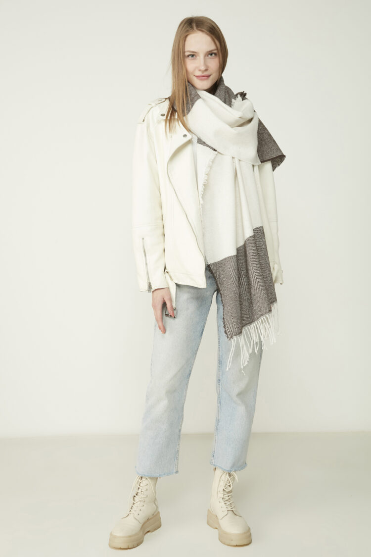 Beige Elegant Shawl With Herringbone Pattern
