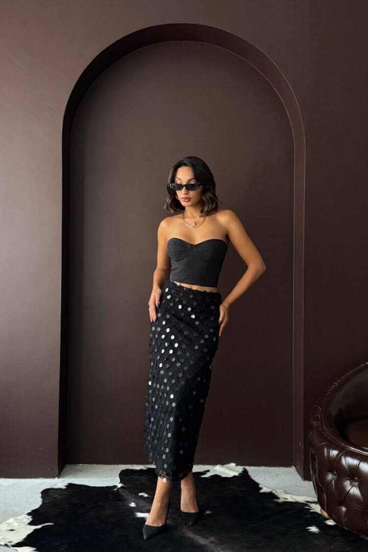 Elegant Sequined Polka Dot Midi Pencil Skirt