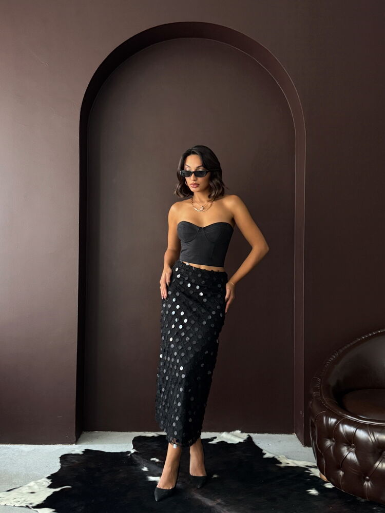 Elegant Sequined Polka Dot Midi Pencil Skirt