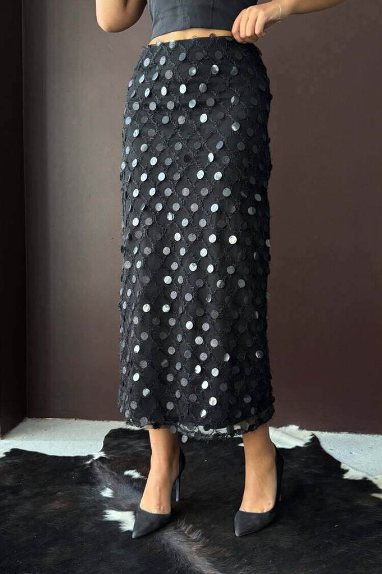 Elegant Sequined Polka Dot Midi Pencil Skirt