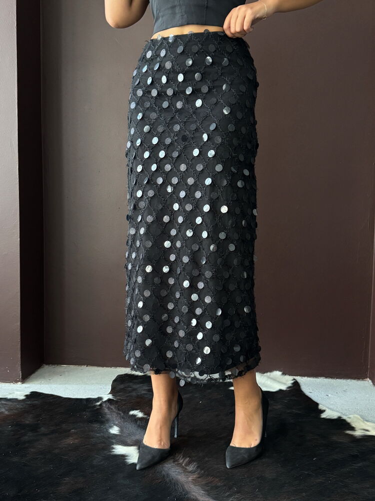 Elegant Sequined Polka Dot Midi Pencil Skirt