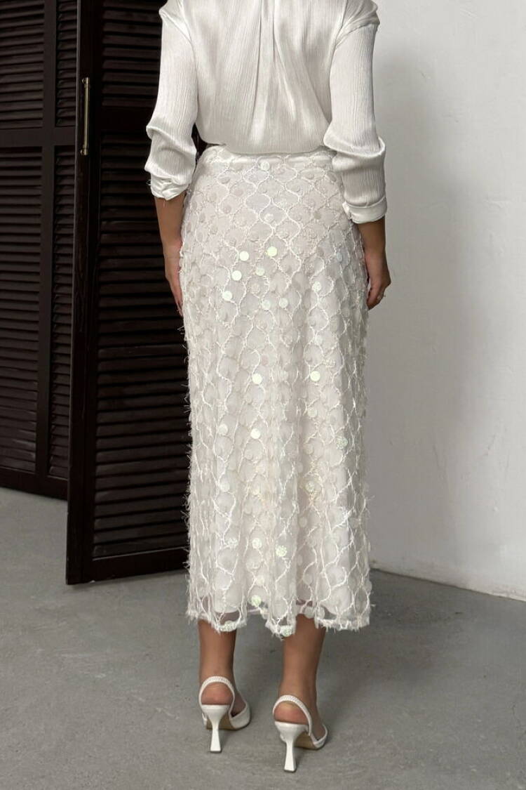 White Elegant High Waist Sequined Pencil Midi Skirt