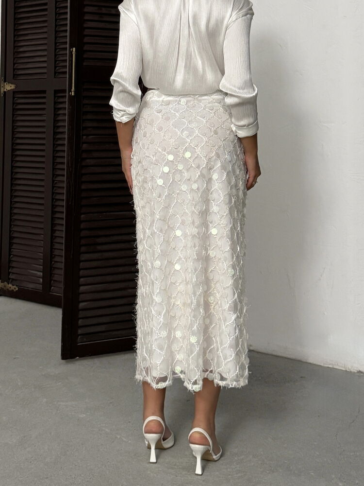 White Elegant High Waist Sequined Pencil Midi Skirt