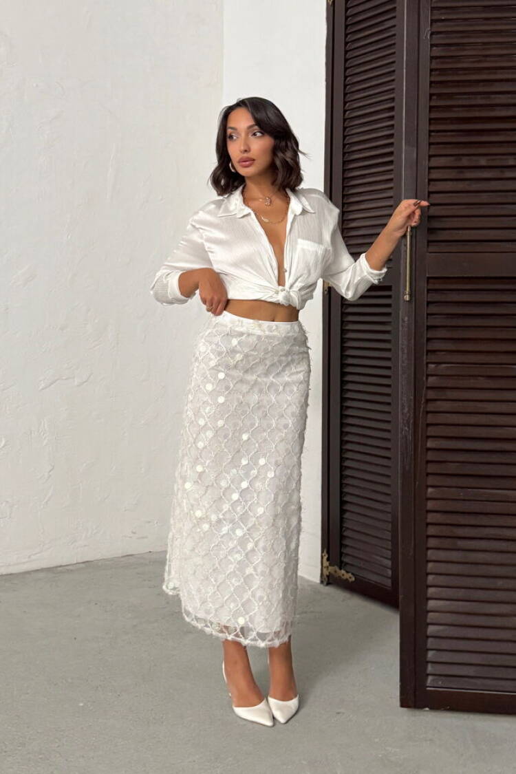 White Elegant High Waist Sequined Pencil Midi Skirt