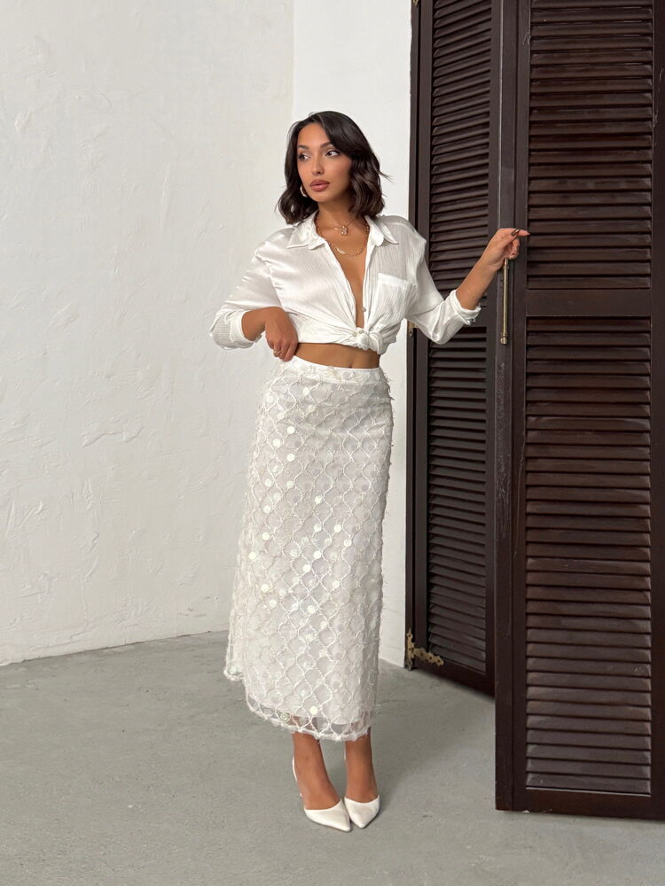 White Elegant High Waist Sequined Pencil Midi Skirt
