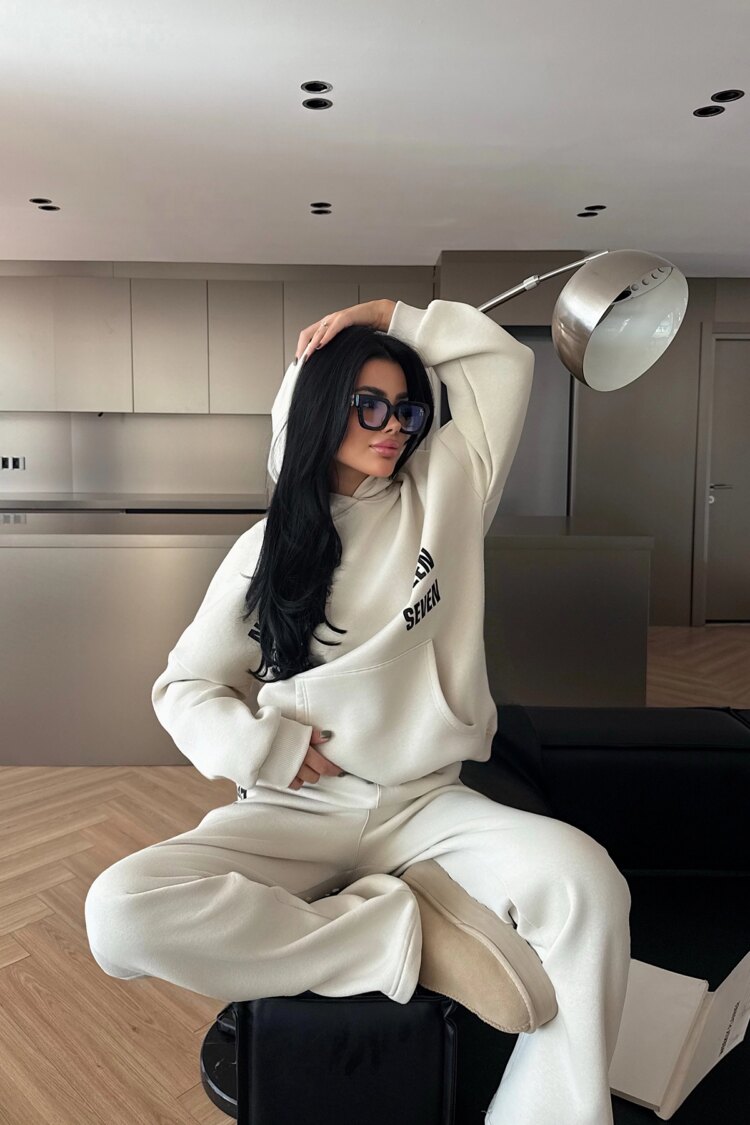 Beige Oversized Fit Tracksuit With Kangaroo Pocket