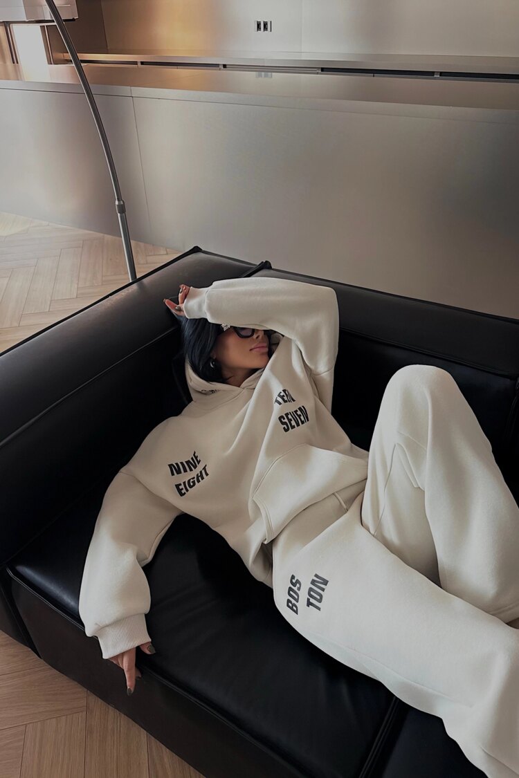 Beige Oversized Fit Tracksuit With Kangaroo Pocket