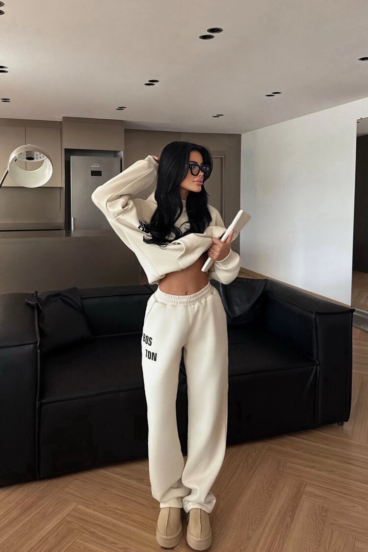 Beige Oversized Fit Tracksuit With Kangaroo Pocket