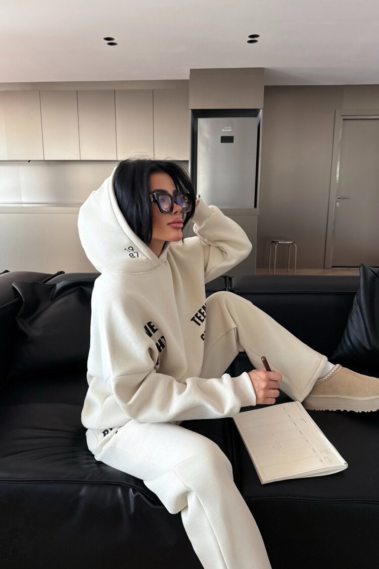 Beige Oversized Fit Tracksuit With Kangaroo Pocket